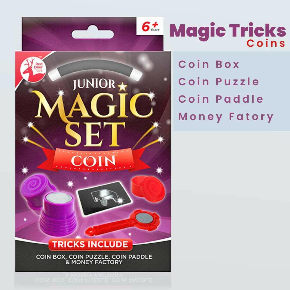 Children's junior magic set coins box, purple packaging with coin theme accessories.
