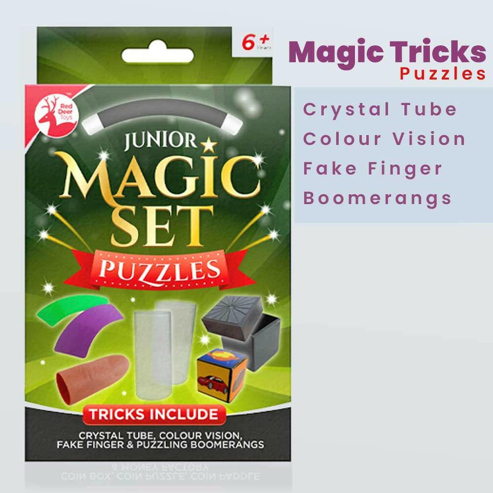Children's junior magic set puzzles box, green packaging with magic tricks titles.