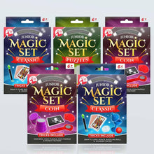 Children's junior magic set assortment, colorful travel-sized puzzle and coin boxes.