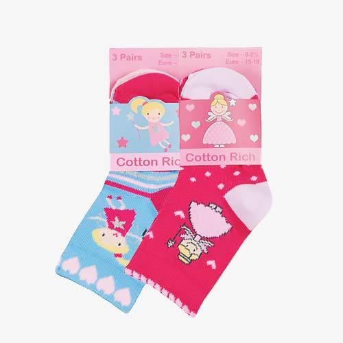 Baby Toddler Girls Socks 3 Pack Pink Fairy Princess Print 0 - 5.5 - Novelty Socks by Fashion Accessories
