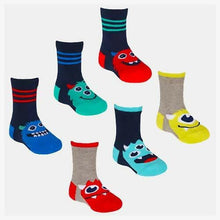 Boys monster socks 3-pack in dark blue, red, green, and gray with monster faces