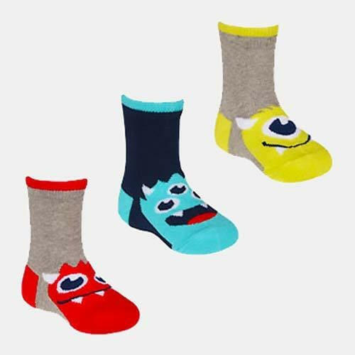 Boys monster socks 3-pack with gray toes, yellow accents, and navy/blue monster designs