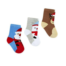 Baby Christmas socks set of 3: blue/red Santa, gray snowman, brown reindeer
