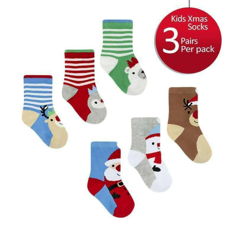 Baby Christmas socks 3 pairs pack with striped and character designs, assorted colors