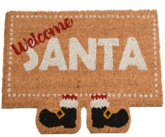 Christmas doormat with 'Welcome SANTA' lettering and Santa boots on brown background