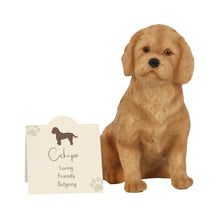 Cockapoo resin dog ornament with sentiment card, tan standing puppy figure