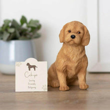 Cockapoo resin dog ornament with sentiment card, tan seated puppy figure