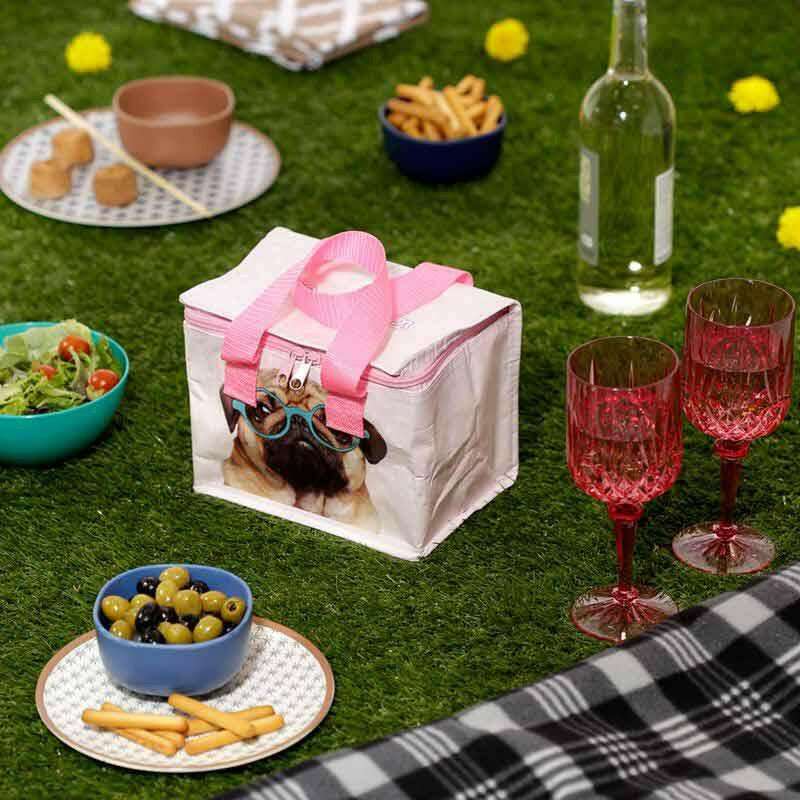 Insulated lunch cooler bag with pug graphic, pink handle, and folded open lid