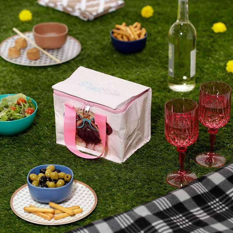 White insulated lunch cooler bag with pink handle, pug graphic, and zip top