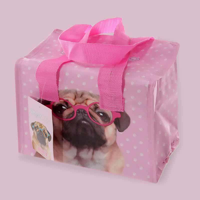 Pink insulated lunch cooler bag with pug face graphic and clear top window