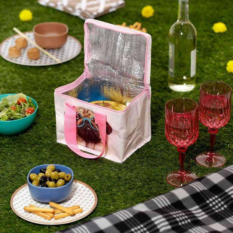 Pink-and-white insulated lunch cooler bag with pug graphic and open top
