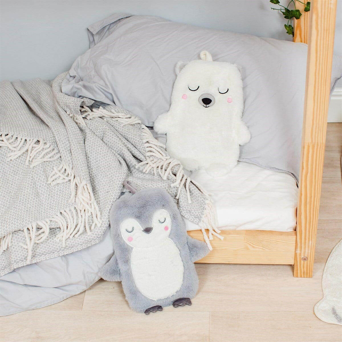Hot water bottle plush covers: polar bear and penguin with hanging loops