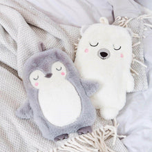 Polar bear and penguin hot water bottle covers, plush with hanging loops