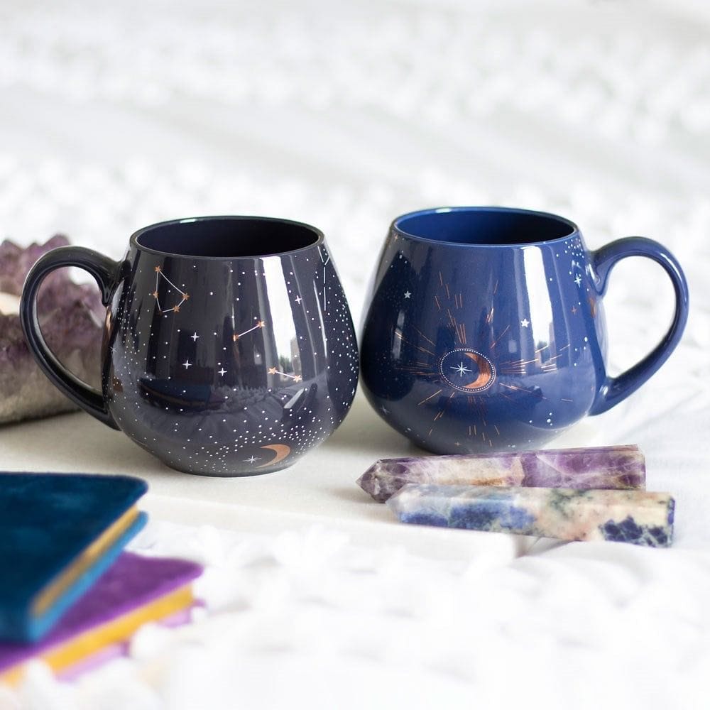 Crescent Moon Design Rounded Blue Mug With Gold Foil Detail - Mugs and Cups by Spirit of equinox