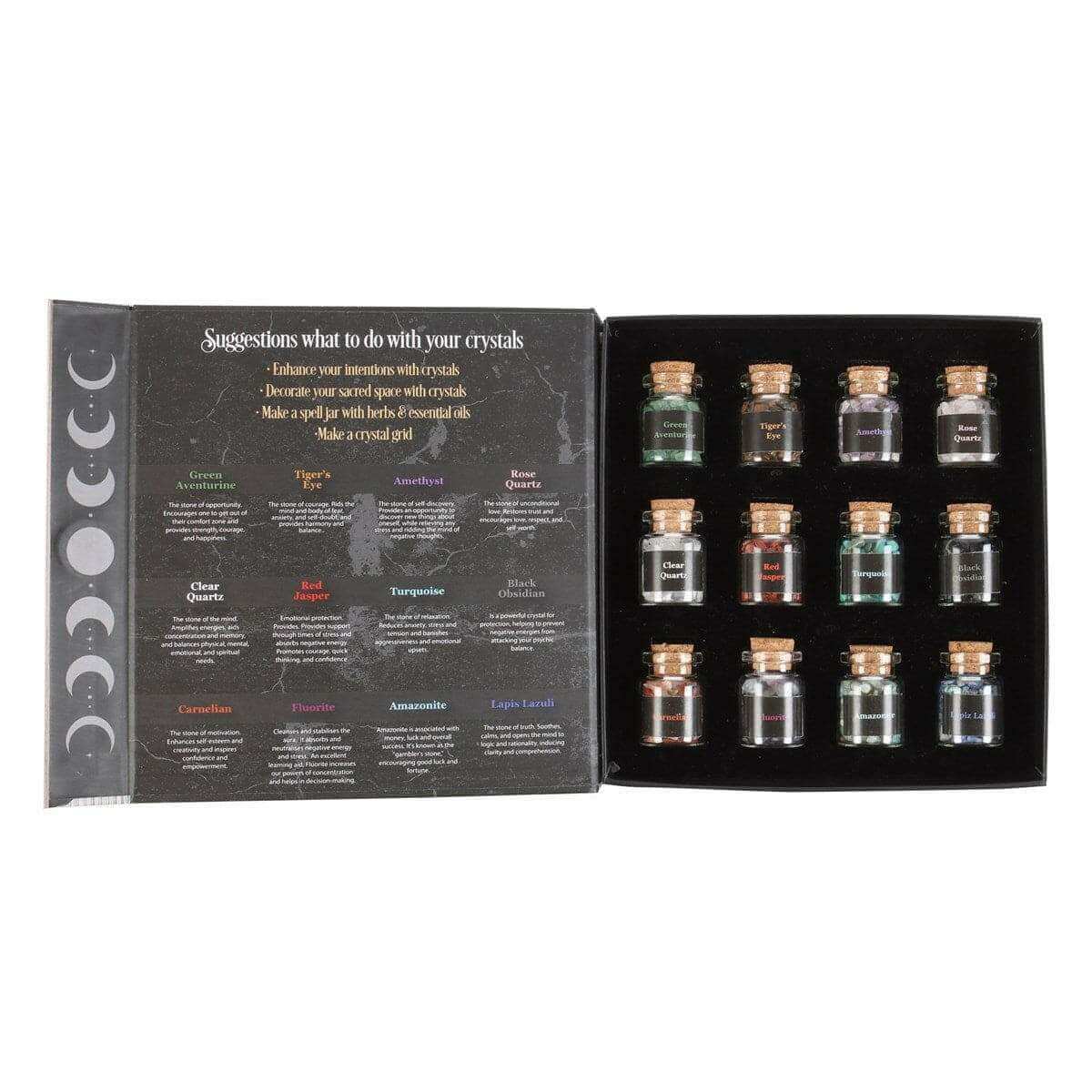Open crystal chip bottle set in black tray with multiple small labeled glass jars