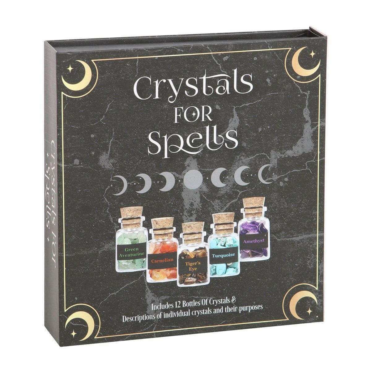 Crystals for Spells gift set box with six mini glass jars shown