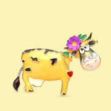 Enamel cow brooch pin with purple flower and heart charm