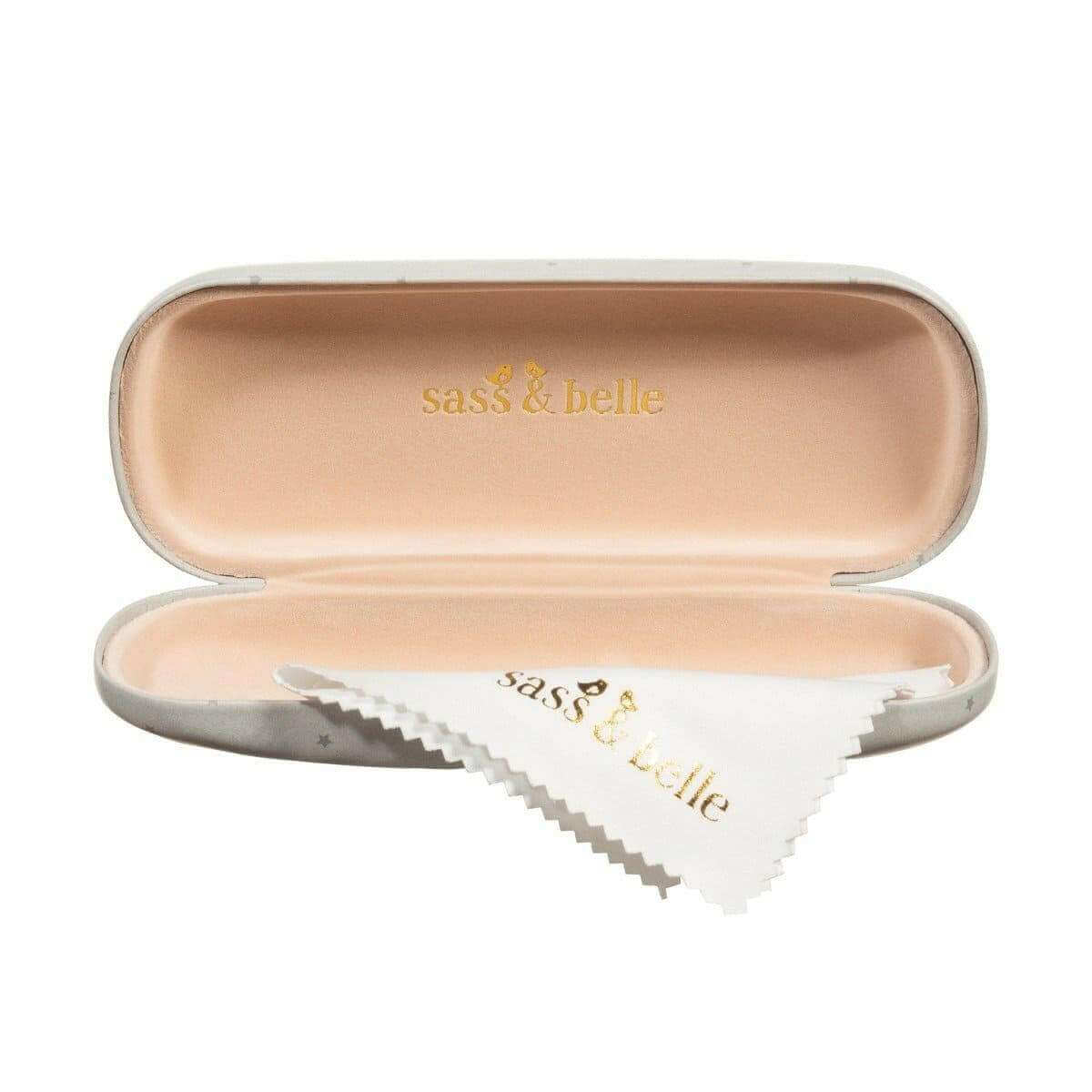 Open dachshund glasses case with beige lining and “sass & belle” on inner lid