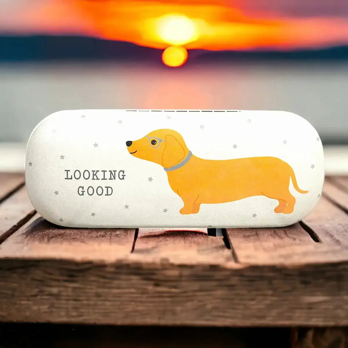 Dachshund-themed glasses case, white with orange dog graphic and “LOOKING GOOD” text