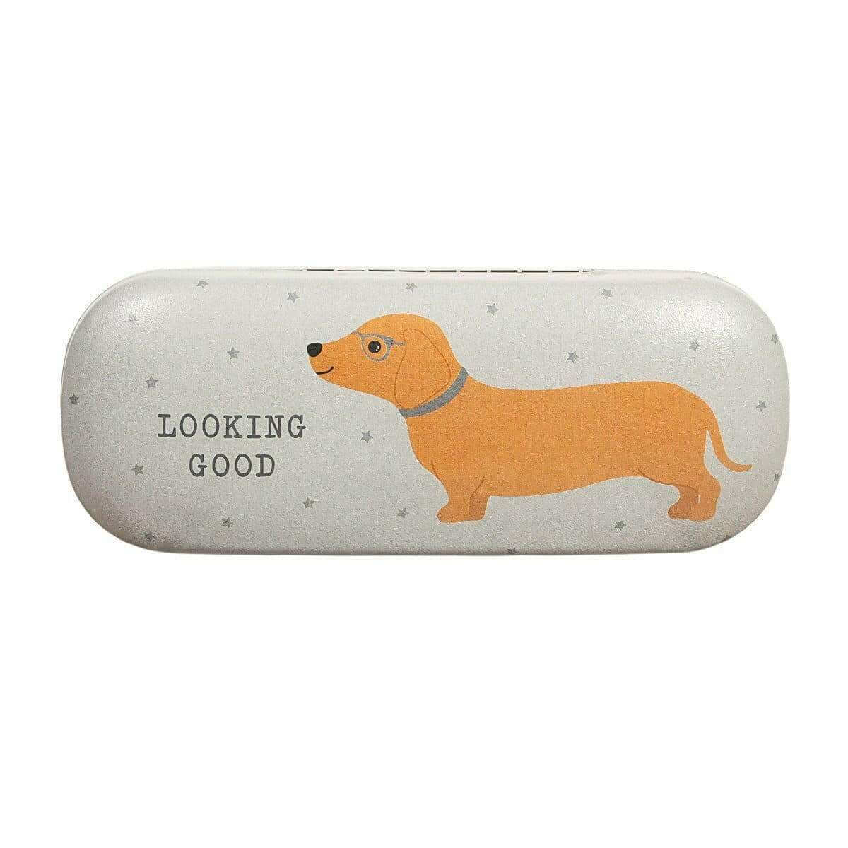 Dachshund-themed glasses case, white oval with orange dog graphic and “LOOKING GOOD”