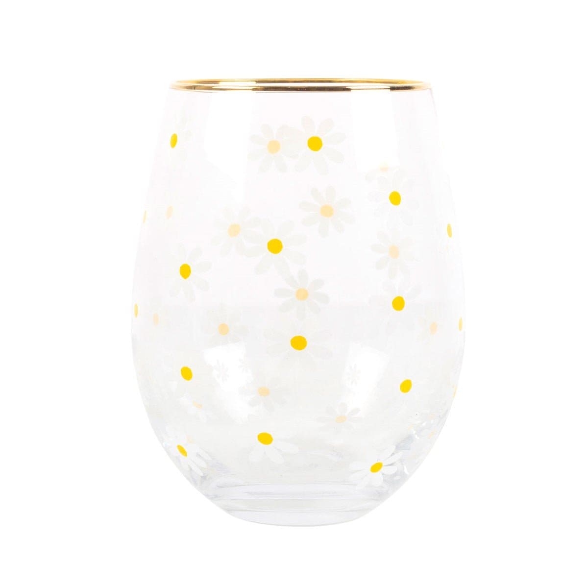 Daisy Print Stemless Wine Glass With Gold-Tone Rim - Stemless Wine Glass by Jones Home & Gifts
