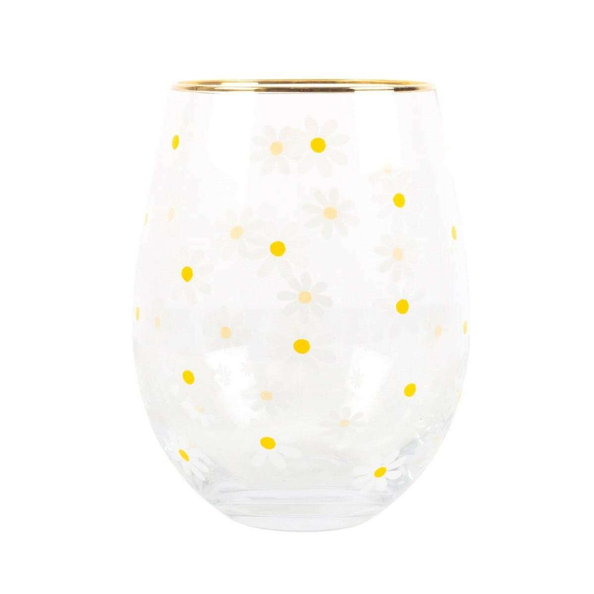 Daisy Print Stemless Wine Glass With Gold-Tone Rim by Jones Home & Gifts