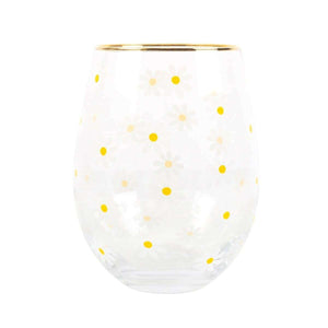The Fashion Gift Shop: Daisy Print Stemless Wine Glass With Gold - Tone Rim by Jones Home & Gifts, Stemless Wine Glass