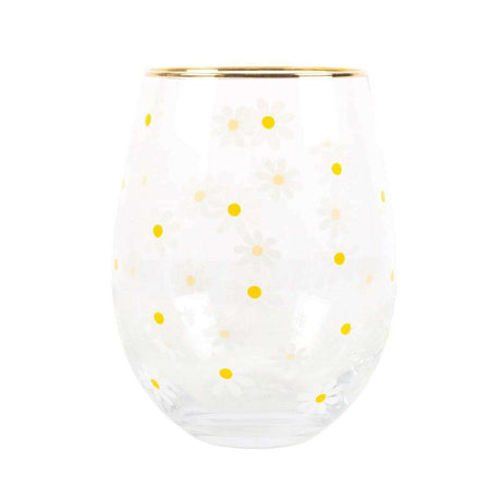 The Fashion Gift Shop: Daisy Print Stemless Wine Glass With Gold - Tone Rim by Jones Home & Gifts, Stemless Wine Glass