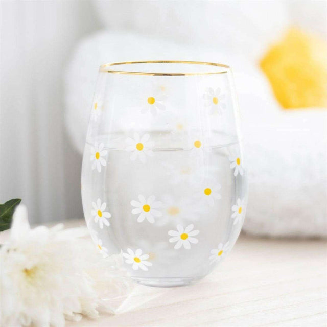 The Fashion Gift Shop: Daisy Print Stemless Wine Glass With Gold - Tone Rim by Jones Home & Gifts, Stemless Wine Glass