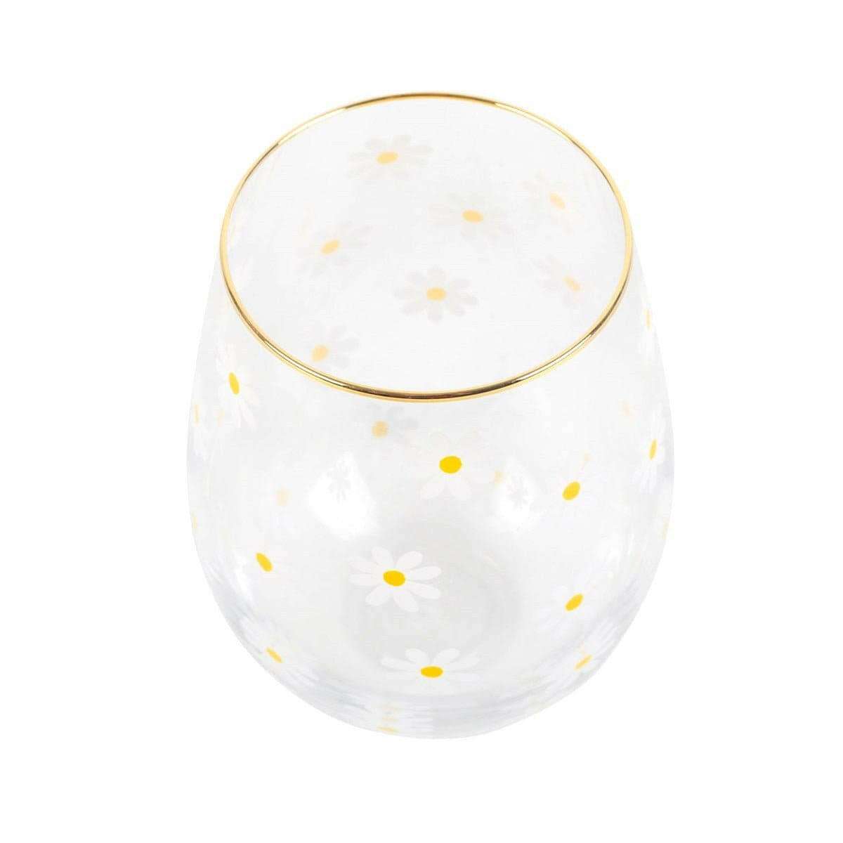 Daisy Print Stemless Wine Glass With Gold-Tone Rim by Jones Home & Gifts
