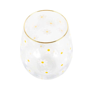 The Fashion Gift Shop: Daisy Print Stemless Wine Glass With Gold - Tone Rim by Jones Home & Gifts, Stemless Wine Glass