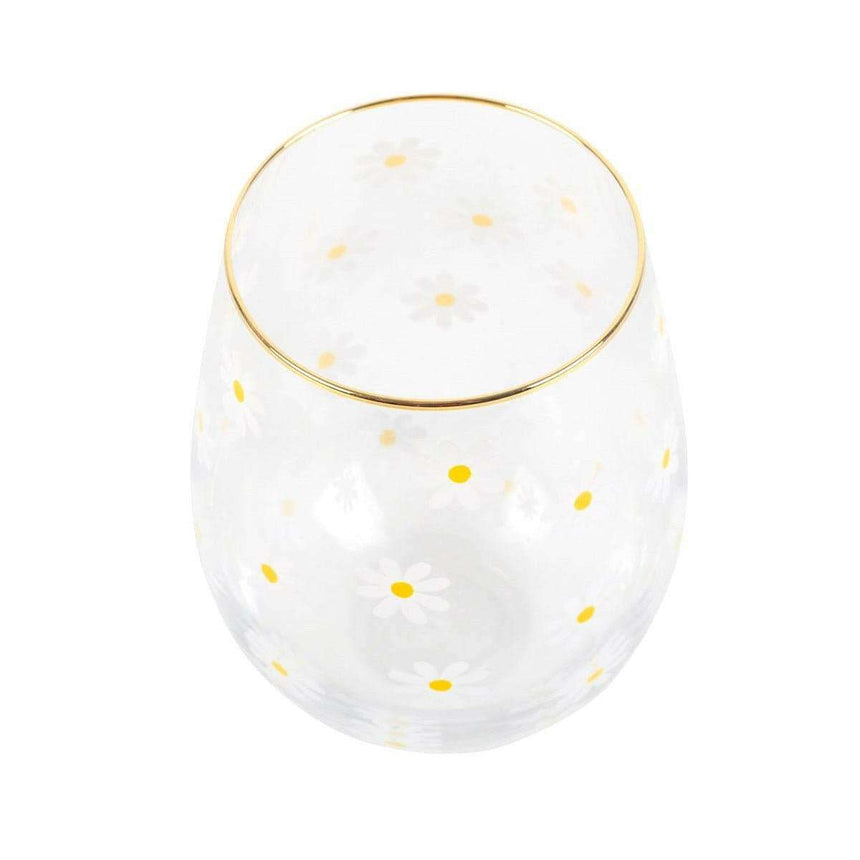 The Fashion Gift Shop: Daisy Print Stemless Wine Glass With Gold - Tone Rim by Jones Home & Gifts, Stemless Wine Glass