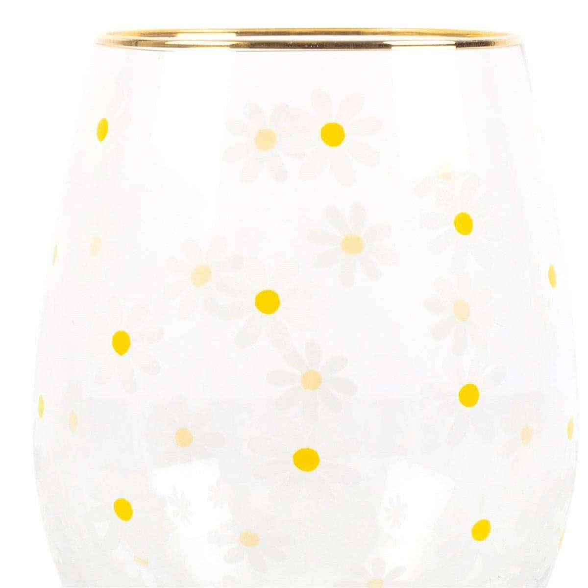 Daisy Print Stemless Wine Glass With Gold-Tone Rim by Jones Home & Gifts