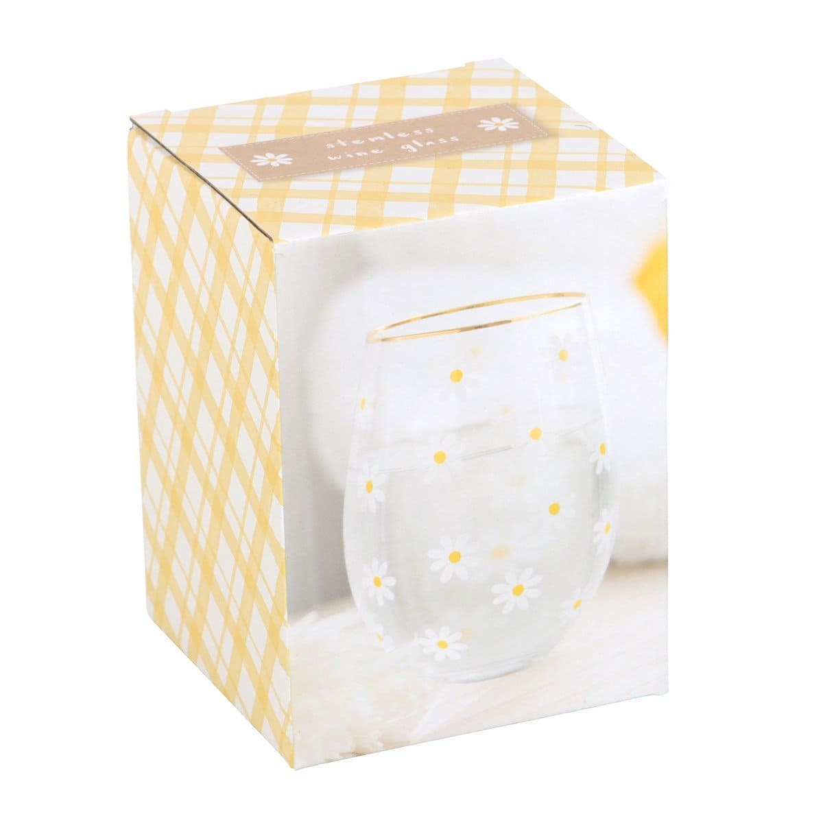 Daisy Print Stemless Wine Glass With Gold-Tone Rim - Stemless Wine Glass by Jones Home & Gifts