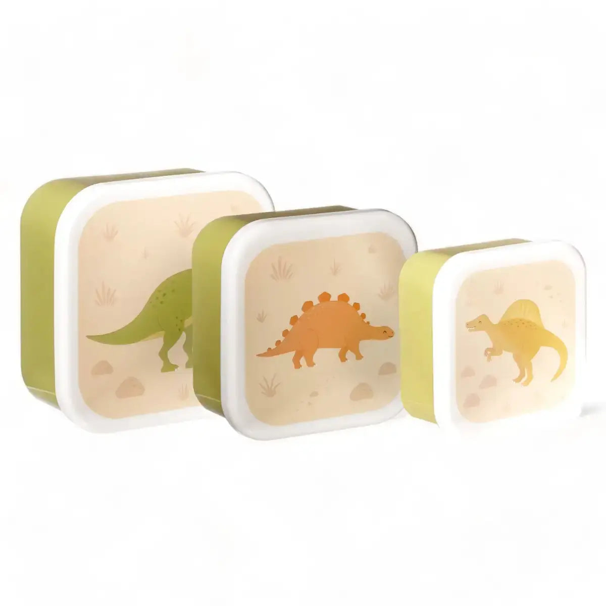 Set of 3 kids lunch boxes with dinosaur prints; white lids and olive-green frames
