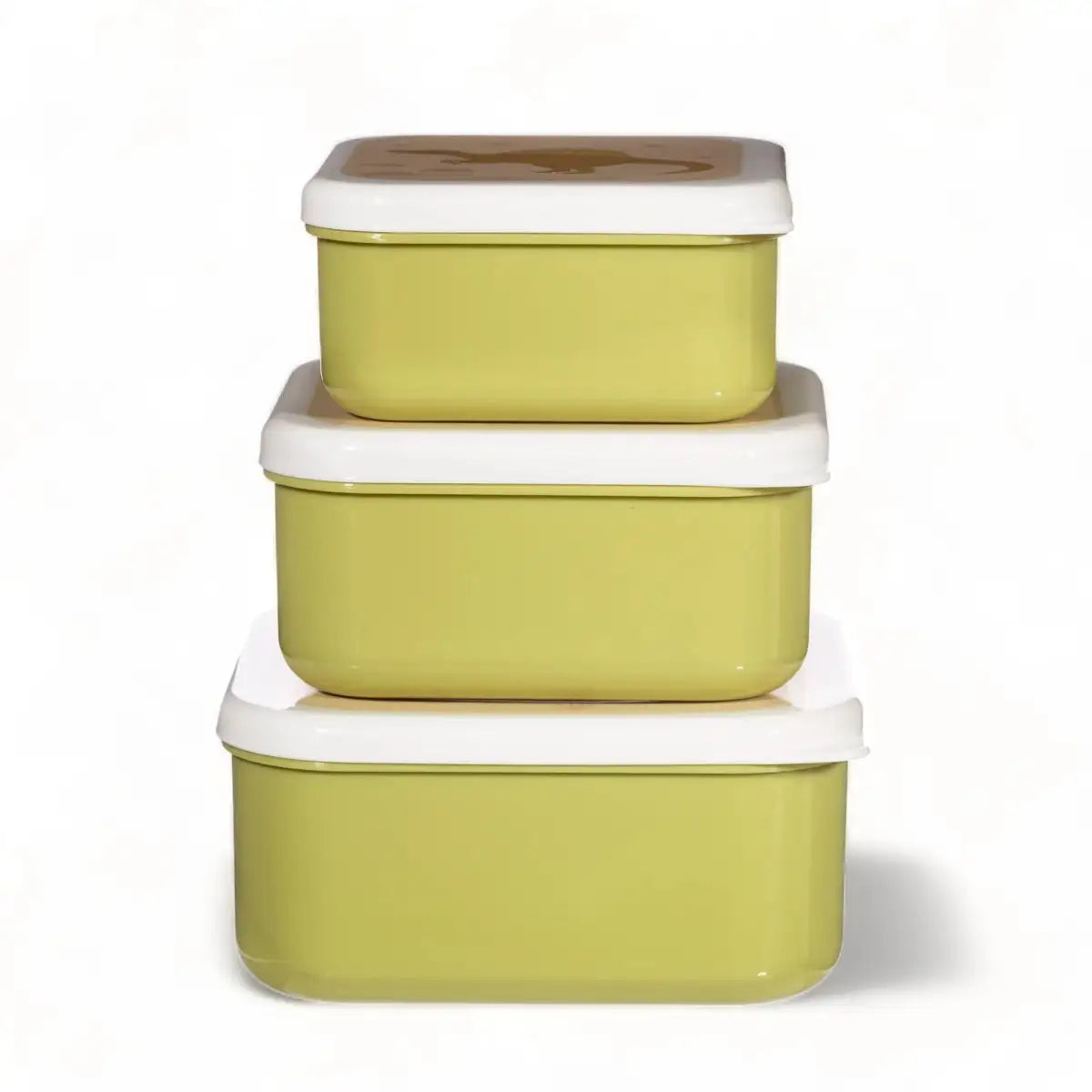 Stack of three dinosaur lunch boxes in olive green with white rims and lids