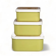 Stack of three dinosaur lunch boxes in olive green with white rims and lids