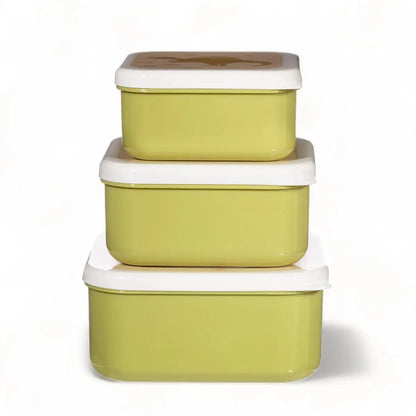 Stack of three dinosaur lunch boxes in olive green with white rims and lids