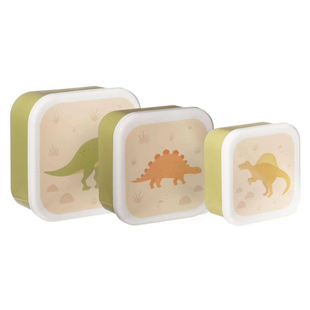 Three-piece dinosaur lunch box set with white edges and olive and tan dinosaur art