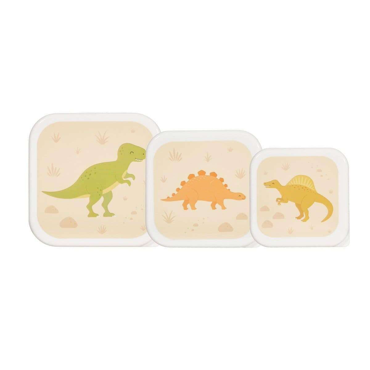 Three dinosaur lunch boxes side-by-side with white borders and beige interiors
