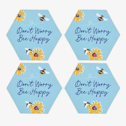 Don't Worry Be Happy Set of 4 Bee Coasters - Tea Coasters by Jones Home & Gifts