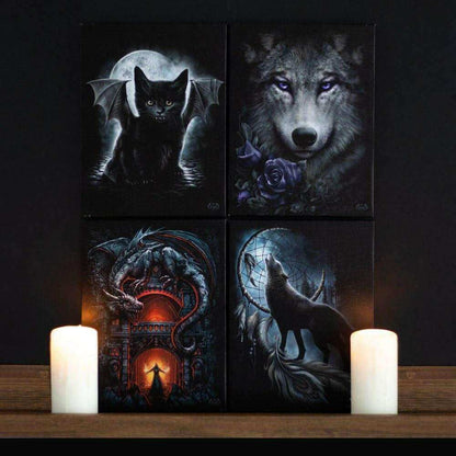 Four-panel wall art canvas plaque set with wolf and cat scenes plus dragon artwork