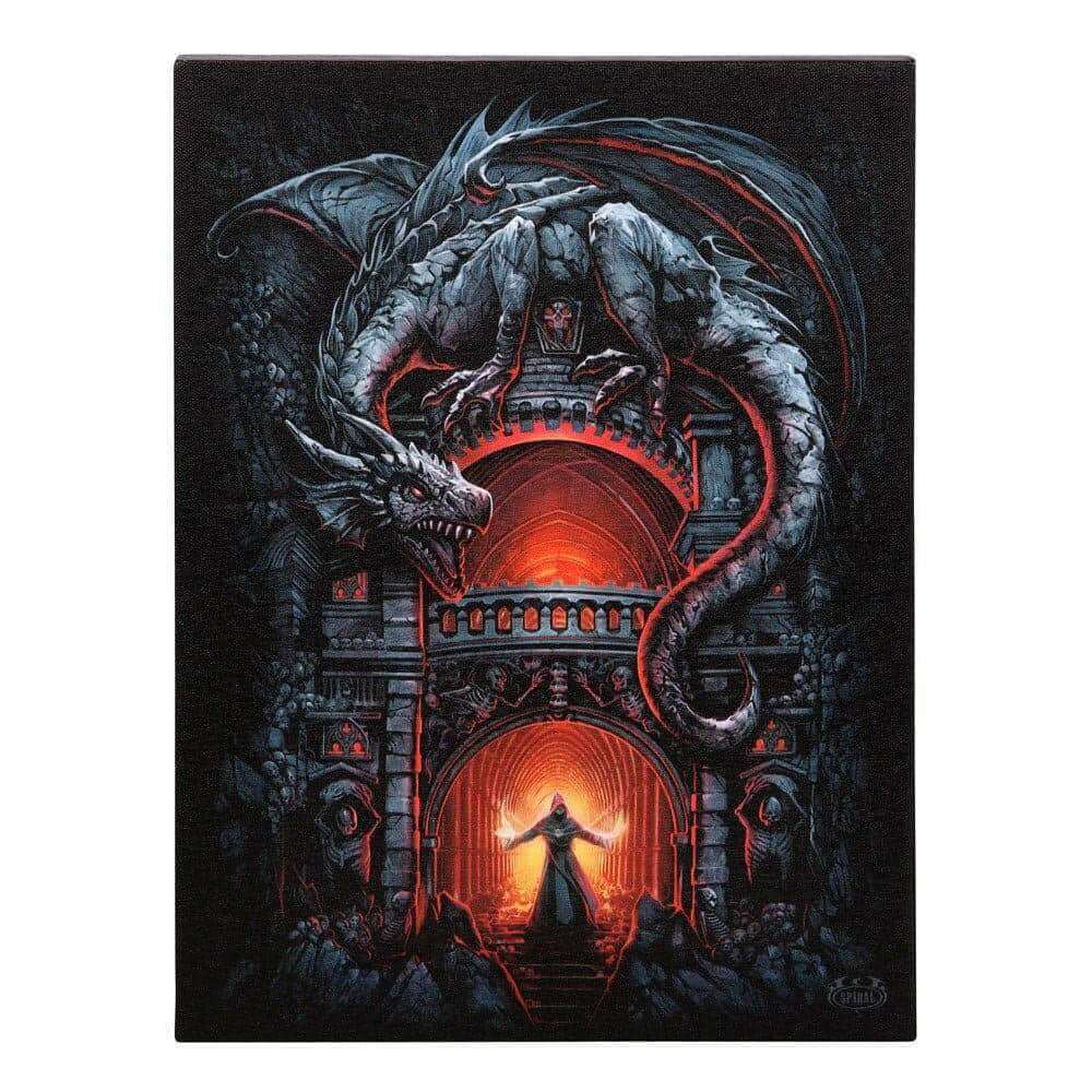 Dragon wall art canvas plaque with blue-gray dragon and red-lit gothic arch doorway