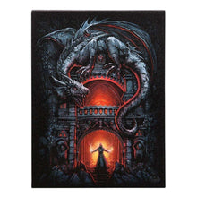 Dragon wall art canvas plaque with blue-gray dragon and red-lit gothic arch doorway