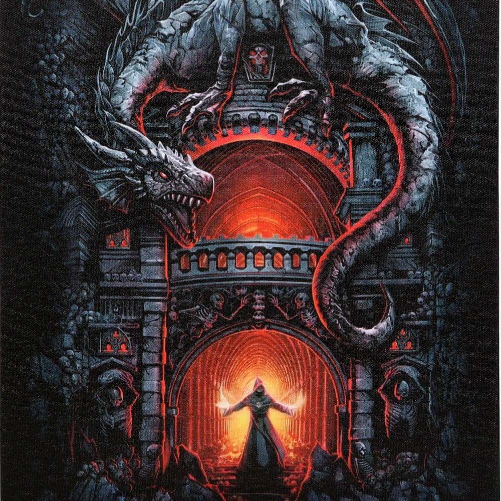 Dragon wall art canvas plaque close-up with blue dragon and glowing red arched portal