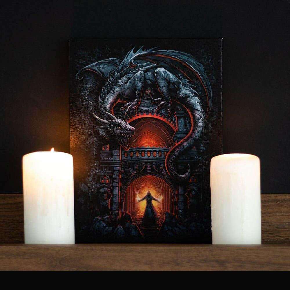 Dragon wall art canvas plaque with blue-gray dragon over a red-lit gothic gate
