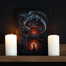 Dragon wall art canvas plaque with blue-gray dragon over a red-lit gothic gate