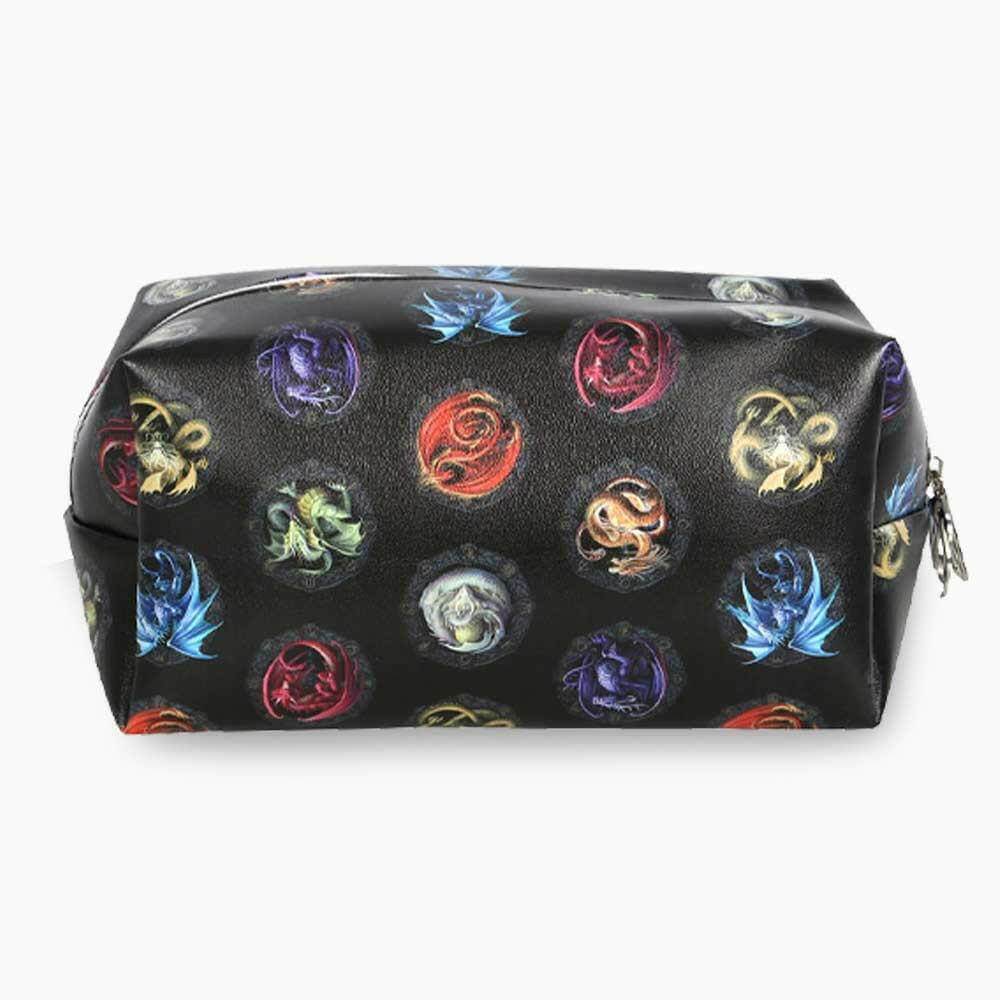 Black cosmetic toiletry bag with colorful dragon emblem pattern and side zipper