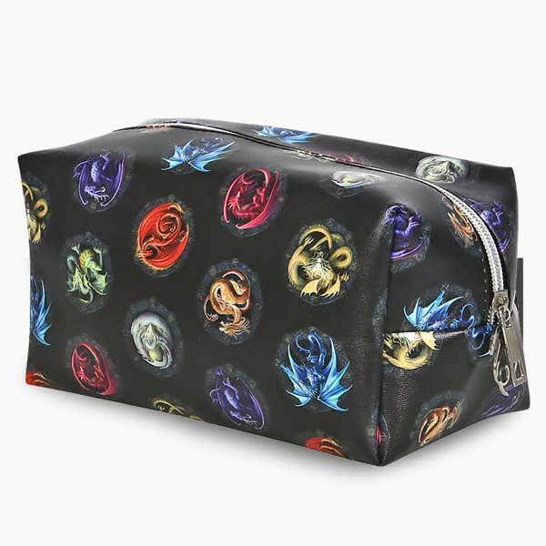 Black cosmetic toiletry bag with colorful dragon emblem print and curved top zipper