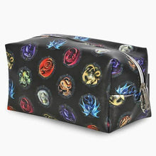 Black cosmetic toiletry bag with colorful dragon emblem print and curved top zipper